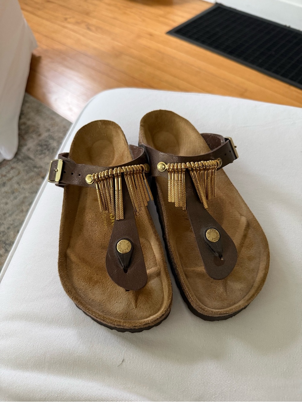 WORN ONCE - Birkenstock Brown Leather Tassel Thong Sandals with Gold Accents
